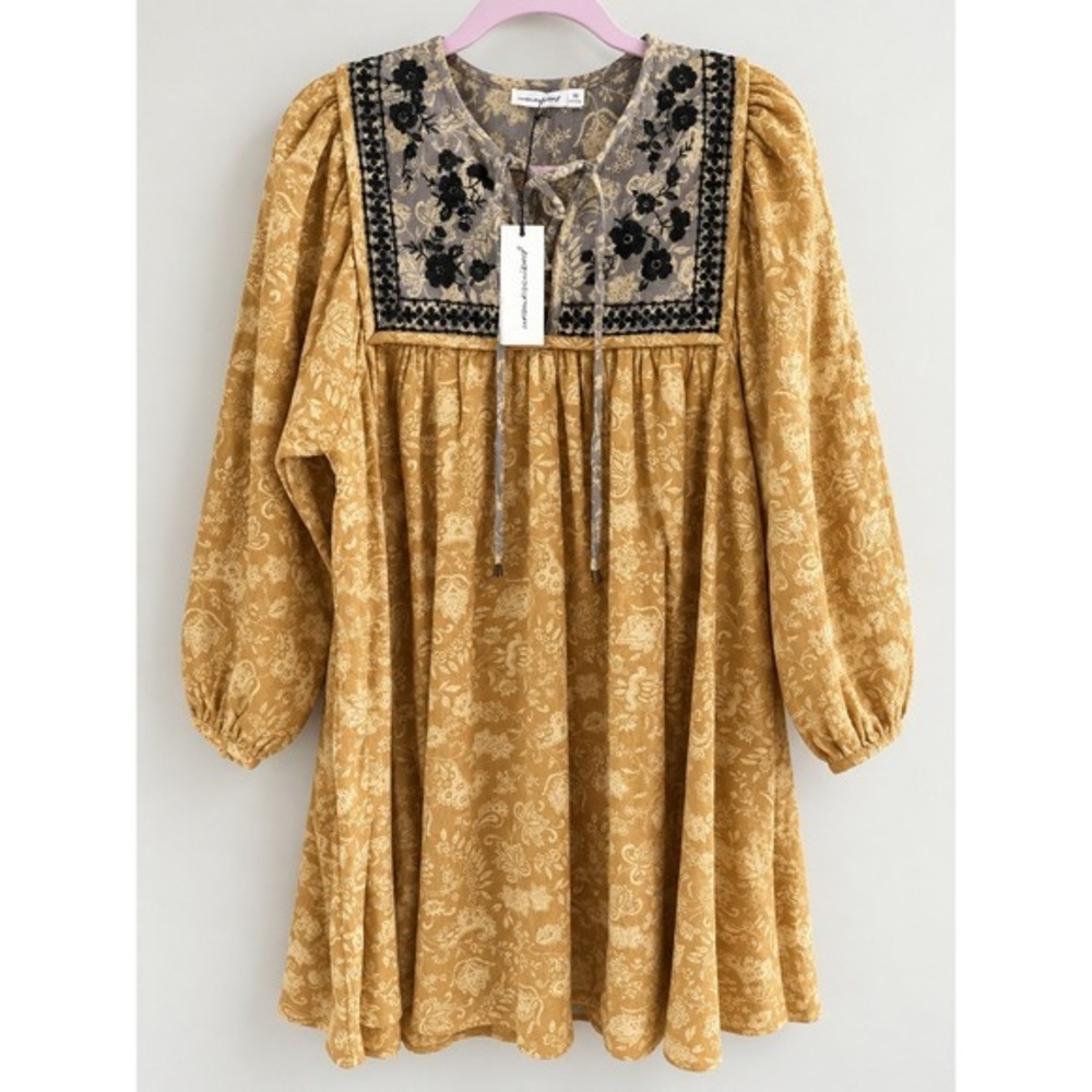Unsubscribed Women Floral Embroidered Yoke Mini Dress Mustard Yellow XS/S